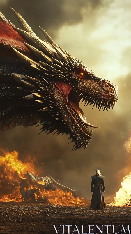 Inferno-borne dragon looms over lone silver-haired ruler.