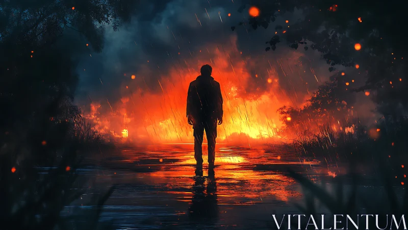 Solitary Figure Silhouetted Against Massive Wildfire