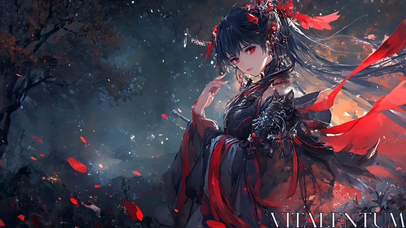 Crimson night dancer wrapped in twilight petals and flame.