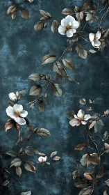 Delicate White Blossoms Dance Across Weathered Teal Canvas