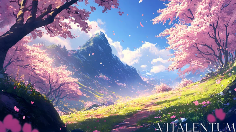 Radiant cherry blossom valley beneath sunlit mountain peak.