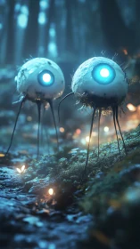 Bioluminescent Orb Drones Stalking Through Misty Forest.