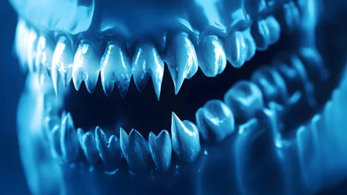 Close-up of Sharp Monster Teeth in Blue Light, Digital Art.