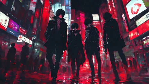 Four hooded figures walking through neon red city street.