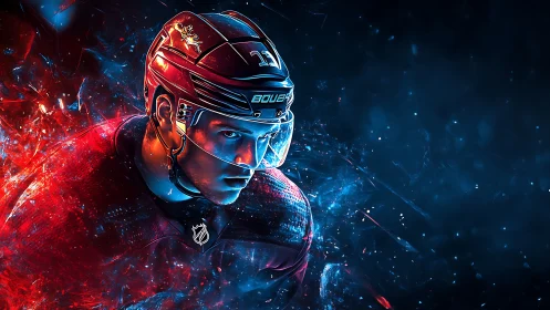 Electrified hockey warrior carved from ice and wildfire light.