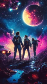 Cosmic trailblazers gaze into a neon-soaked alien horizon.