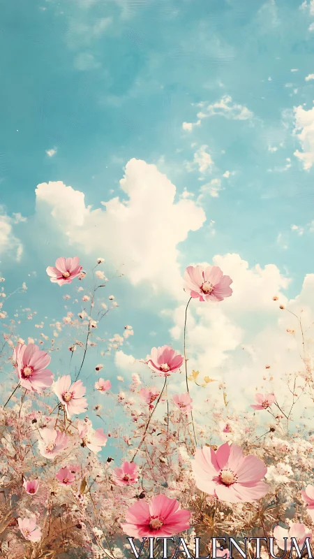 Pink Cosmos Flowers Against Luminous Turquoise Sky With White Clouds