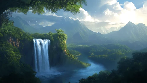Digital painting of lush waterfall valley with distant peaks.
