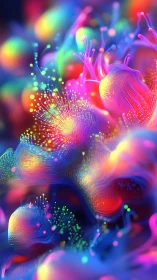 Digital macro render depicts neon filament clusters in motion