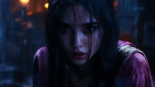 Wet close-up portrait of young woman in dim rainy setting