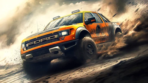Roaring orange pickup truck kicks up mud in bold off road charge