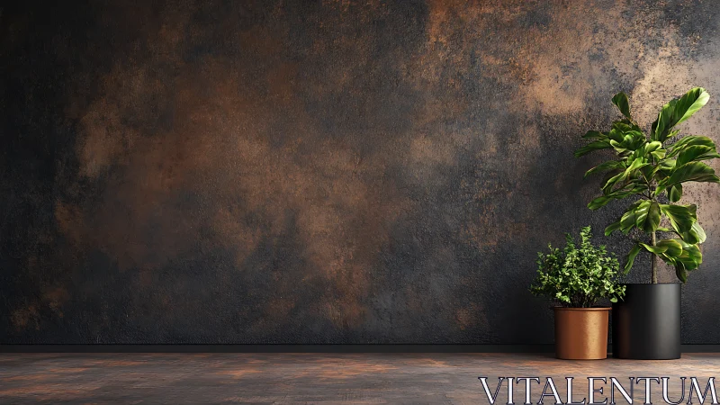 Indoor plants against textured bronze concrete wall backdrop.