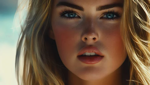 Intense blue eyed woman rendered in ultra detailed closeup