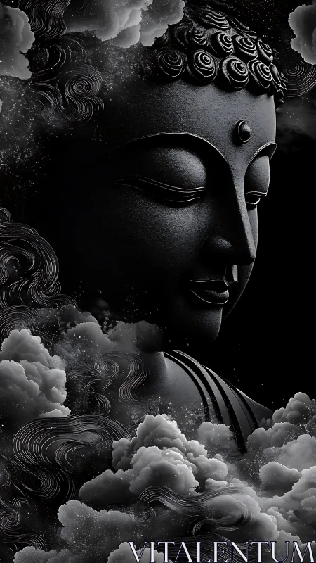 Monochrome Buddha bust with swirling volumetric cloud motifs