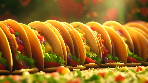 Row of colorful hard shell tacos under warm light.