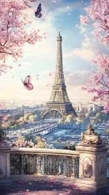 Rendered Eiffel Tower view framed by blossoms and terrace