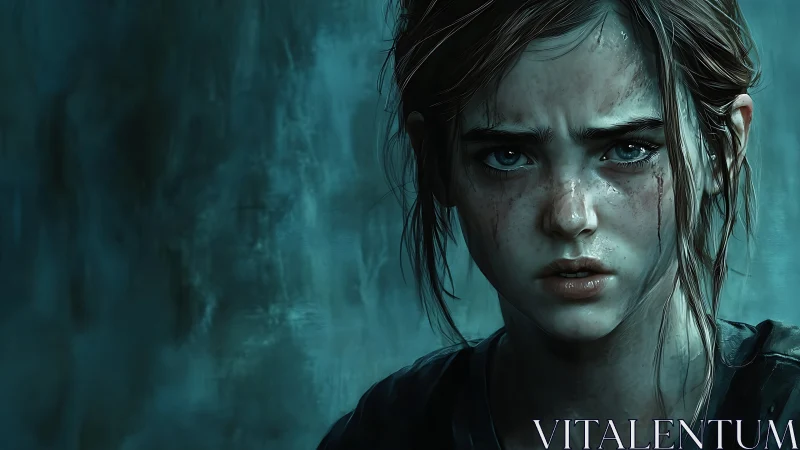 Digital painting portrait of wounded girl in teal chiaroscuro.