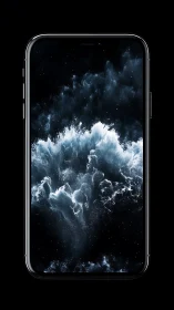 Modern smartphone with dark cosmic abstract wallpaper.