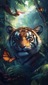 Majestic jungle tiger framed by glowing butterflies.