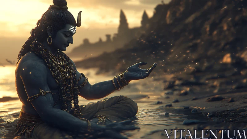 Sunlit shoreline deity in meditative pose with volumetric particles