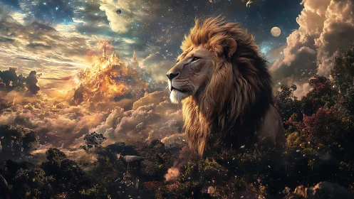 Starlit lion keeps silent watch above a storm-forged realm