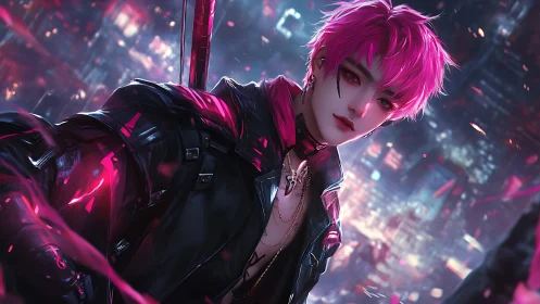 Pink-haired cyberpunk fighter stands in neon cityscape