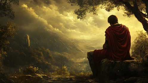 Solitary red-cloaked wanderer weighs the road to the tower