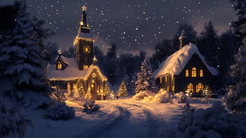 Snow-covered village church glows under falling night snow