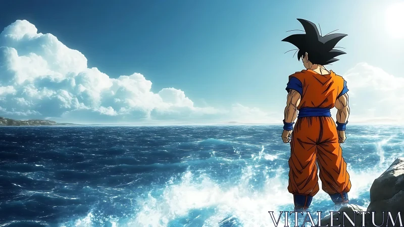 Anime character in orange gi standing on rocky ocean shore.