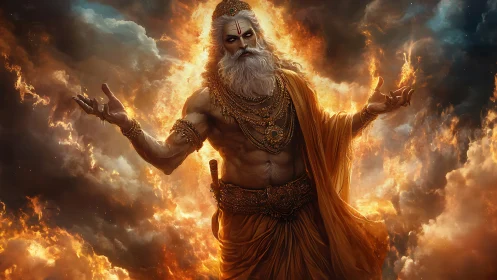 Divine fire deity rising within storm forged heavens.