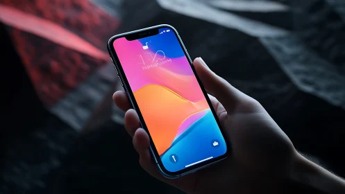 Modern Smartphone with Vibrant Gradient Wallpaper Held in Hand.