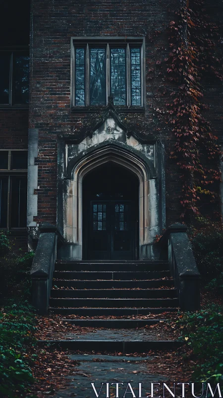 Old brick entrance with dark doorway and autumn leaves.