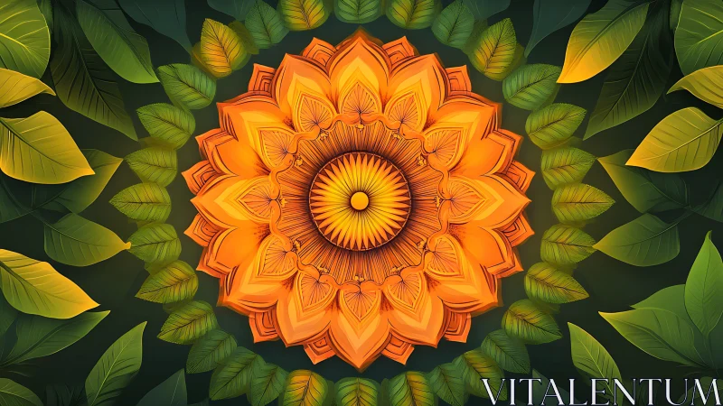 Orange geometric mandala over layered green leaf background.