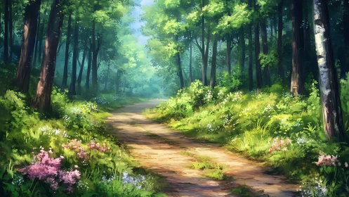 Luminous Forest Corridor Where Dappled Sunlight Dances.