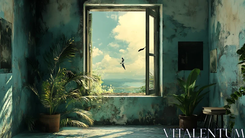 Sunlit ruined room opening onto a calm sea horizon.