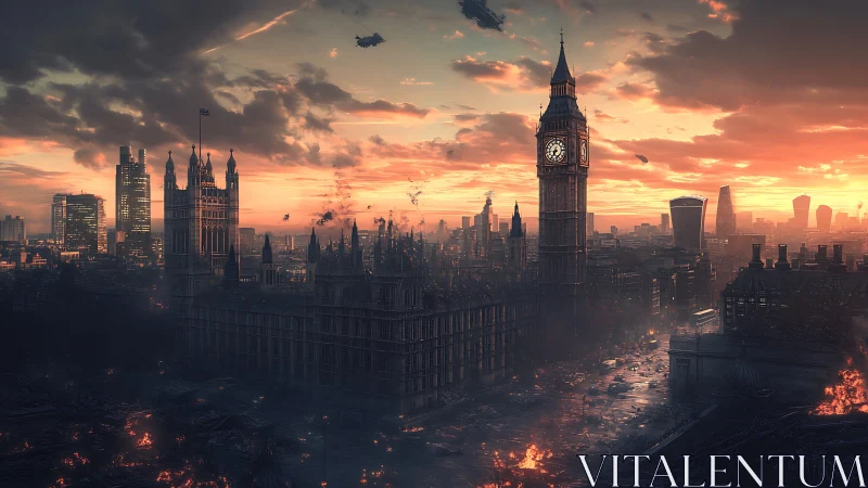 Clocktower smolders over dusk-lit post-apocalyptic cityscape.