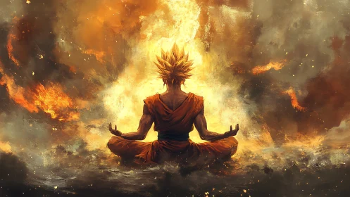 Backlit warrior meditates amid turbulent fire and vapor field