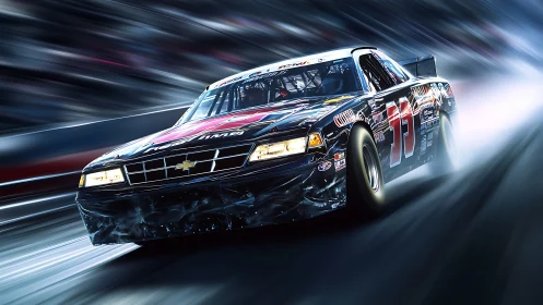 High-speed stock car racing with motion trails and light streaks.