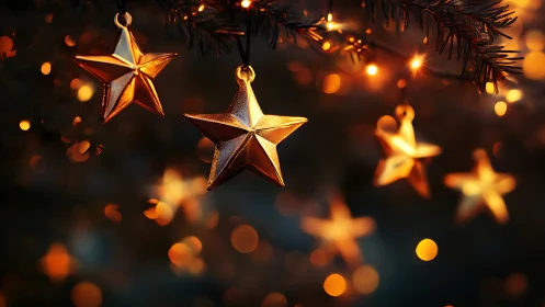 Gold star ornaments on tree branches with warm lights.