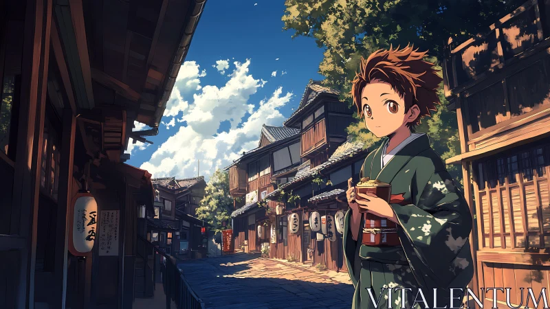 Anime child in kimono on sunlit traditional street.