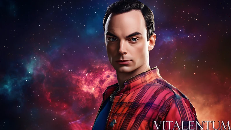 Stargazing portrait of focused man in cosmic nebula glow.