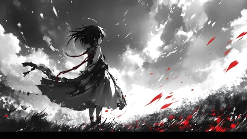 Scarlet petals ride stormlight as the lone girl faces sky