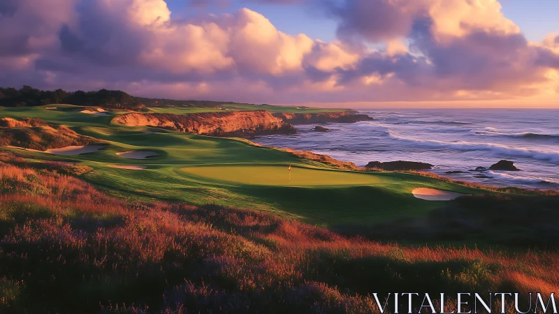Coastal golf course green beside rocky ocean cliffs at dusk.