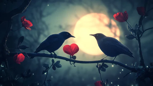 Two Birds Share Crimson Blossoms Beneath Luminous Moon
