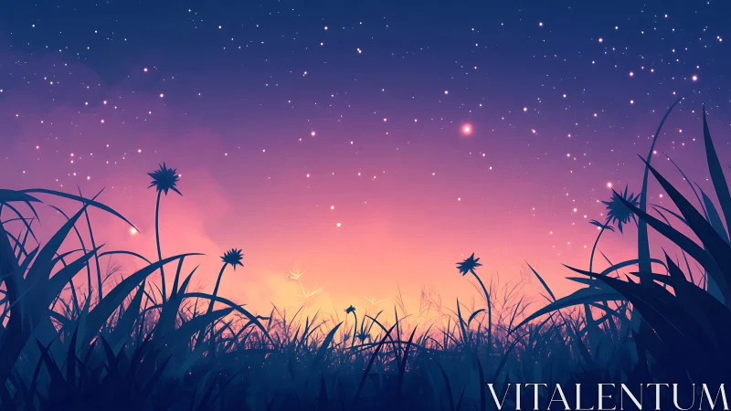 Starry twilight meadow with silhouetted wildflowers glow.