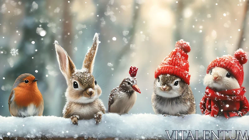 Snowy woodland friends share a frosty, red-hatted reunion.