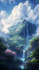 Skyborne waterfalls crown a luminous dreamforest peak.