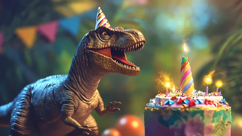 Dinosaur with striped party hat stands beside decorated birthday cake