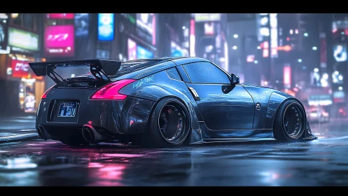 Sleek tuner car glows softly in a rainy neon city night