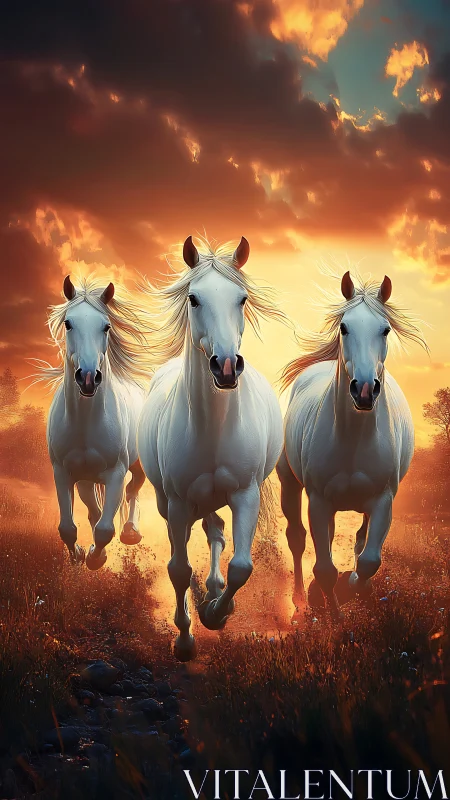 Three white horses run toward camera under vivid sunset sky